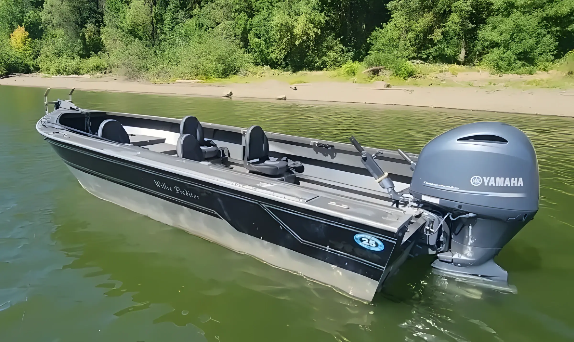 Aluminium fishing boat with a Yamaha outboard anchored in shallow green water